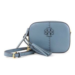 Tory Burch Blue McGraw Pebbled Leather Tassel Crossbody Bag